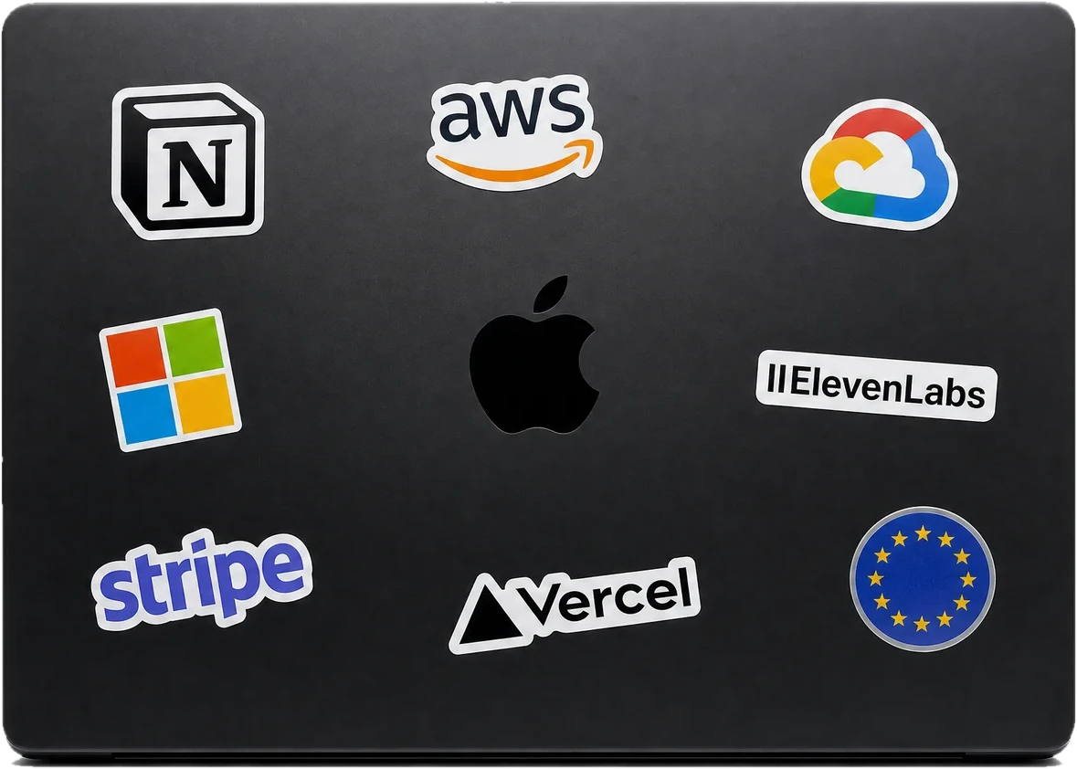 A founder’s laptop covered in stickers from the toolkit’s partners